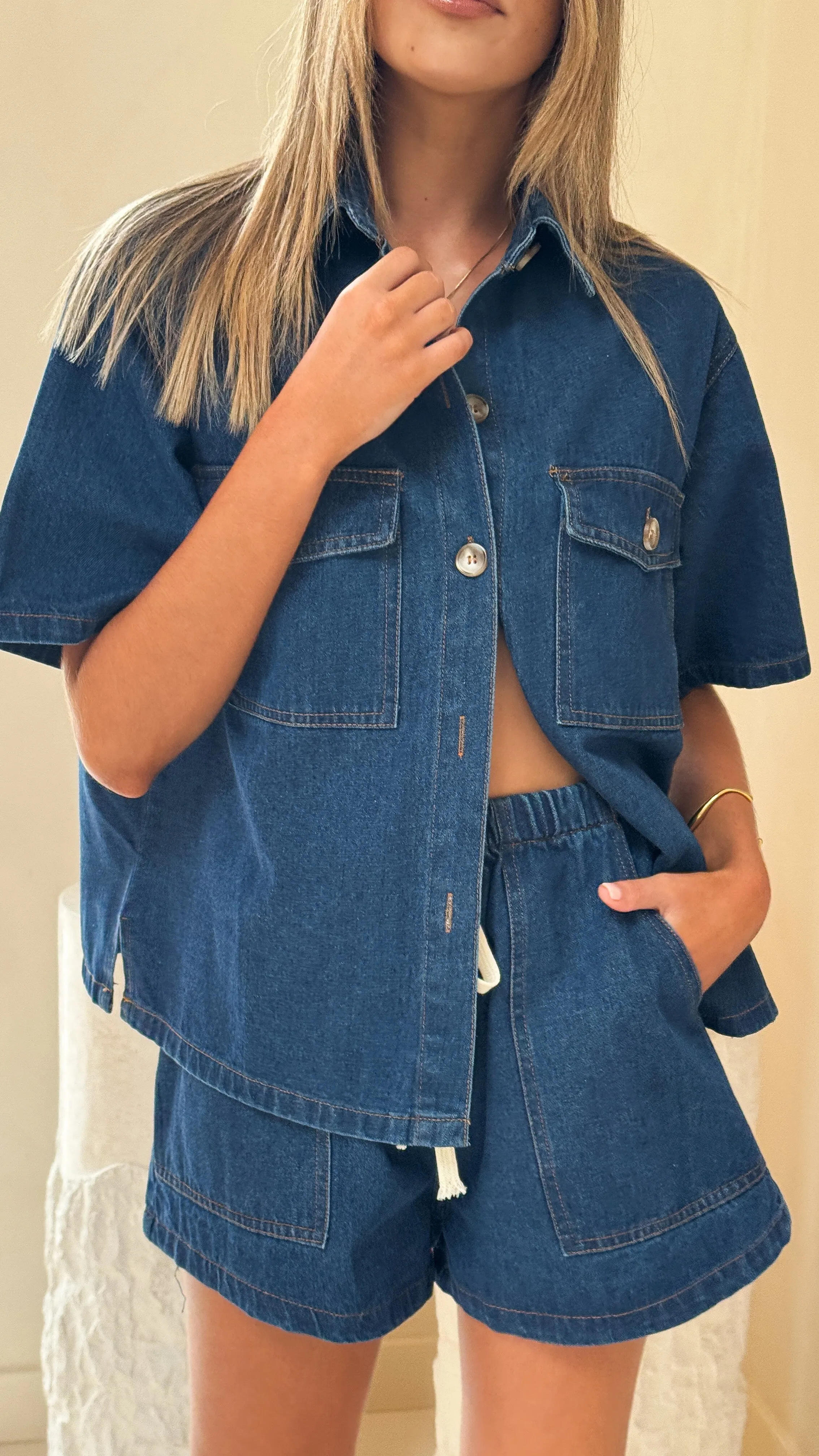 Loretta Button Up Shirt and Shorts Set - Dark Denim