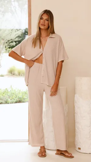 Madian Button Up Shirt and Pants Set - Taupe