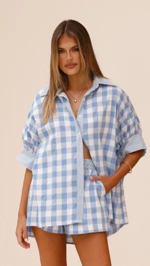 Mahalie Button Up Top - Sky Blue Check