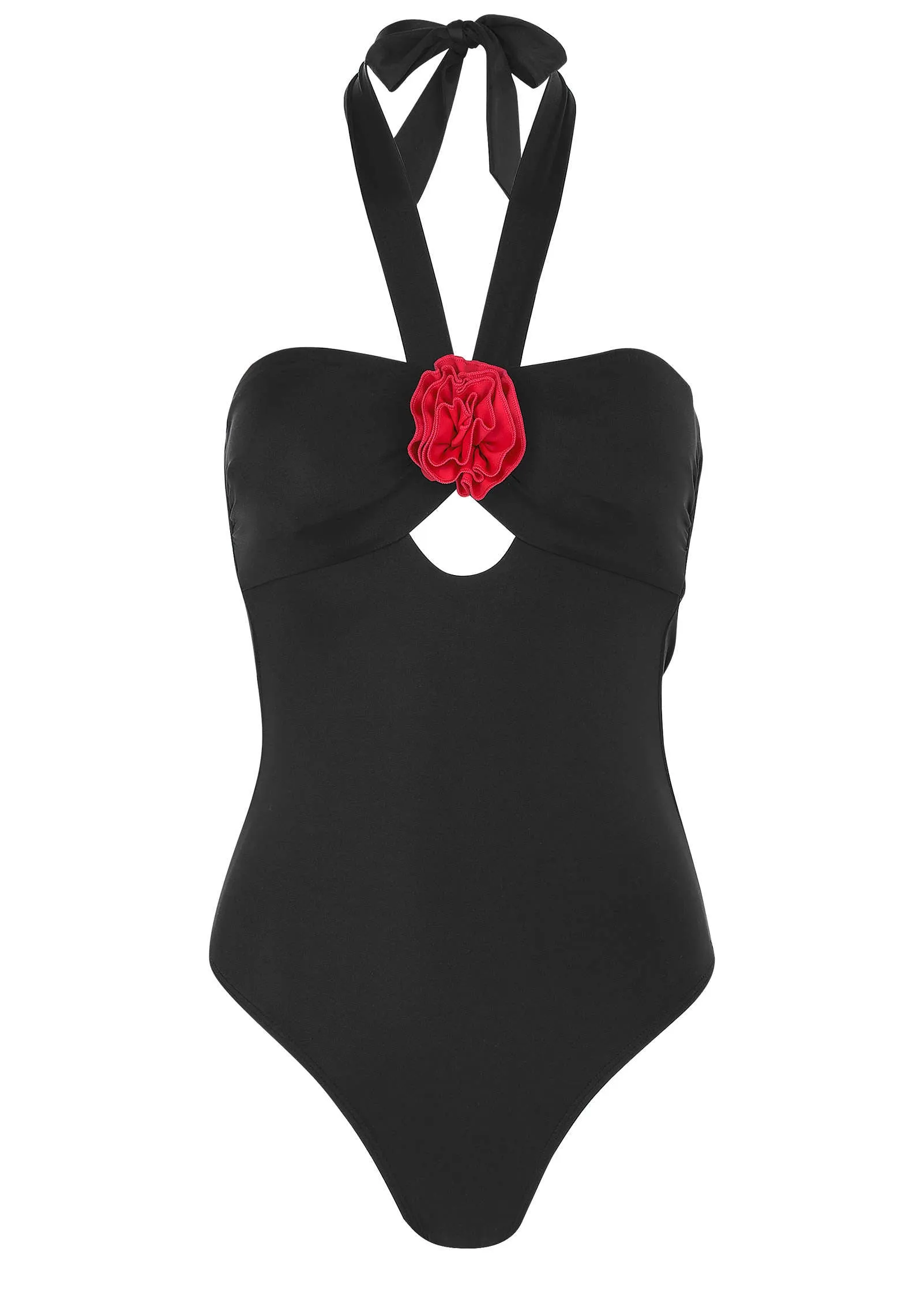 Rosette Halter One-Piece - Black & Red