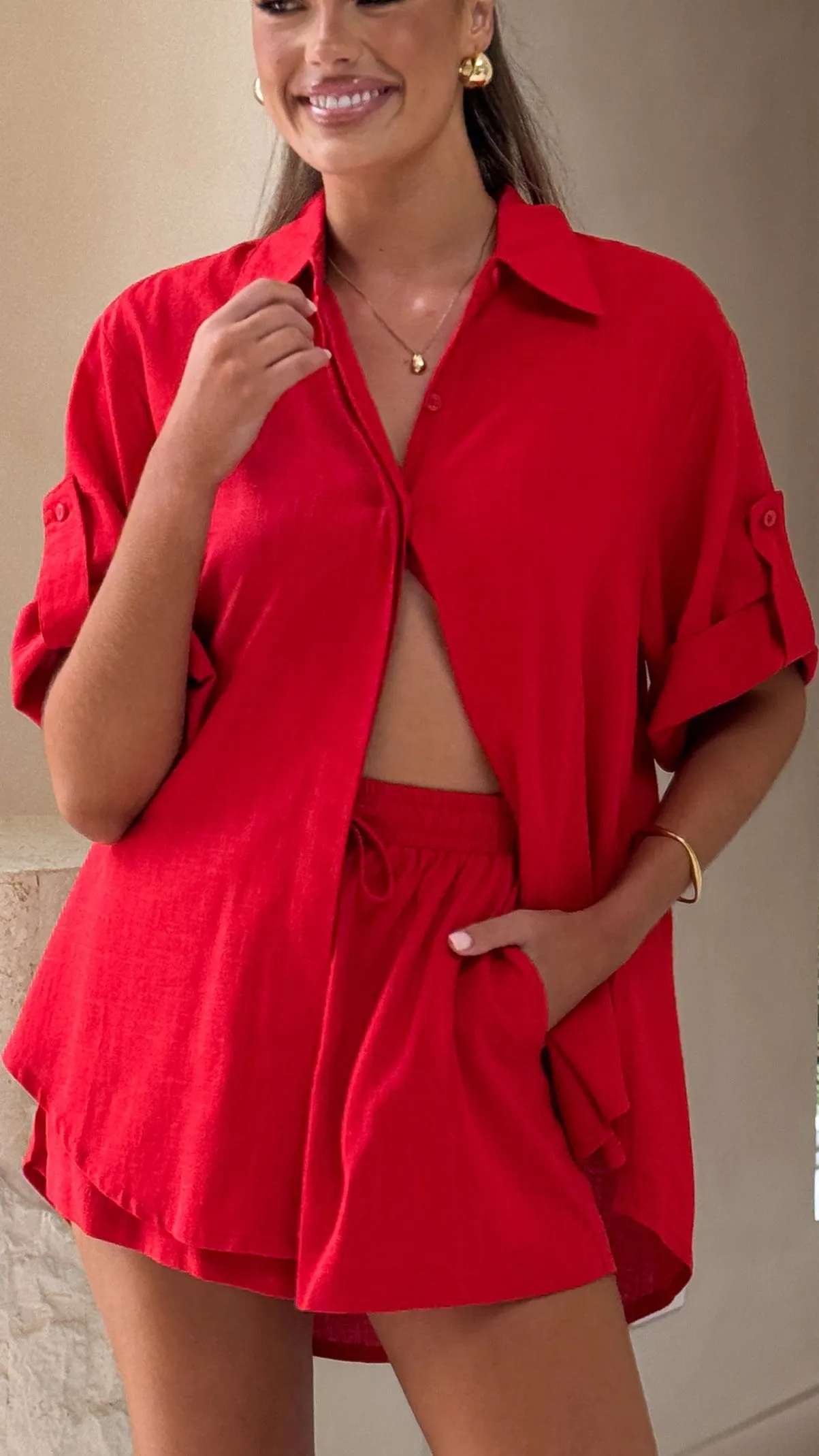 Vallerie Button Up Shirt - Red